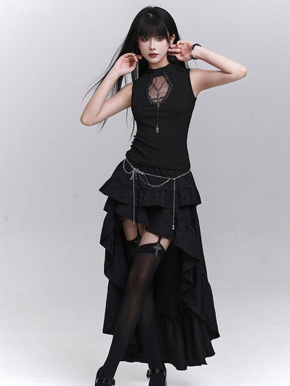 ネックレス タンクトップ クロス 棺型 カットアウト ブラック スタッズ付き フリー