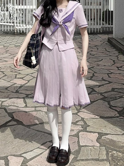 Print Skirt Uniform JK Pruple Style Pleated Preppy Clover Four-leaf