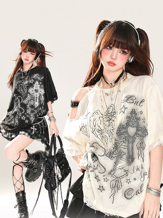 Apricot/Black Cutout Shoulder Lace Trim Graphic T-Shirt