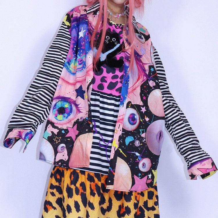 シャツ カワイイ ブラック プリント グロ ストライプ アイズ 袖 オーバーサイズ