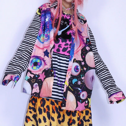 シャツ カワイイ ブラック プリント グロ ストライプ アイズ 袖 オーバーサイズ