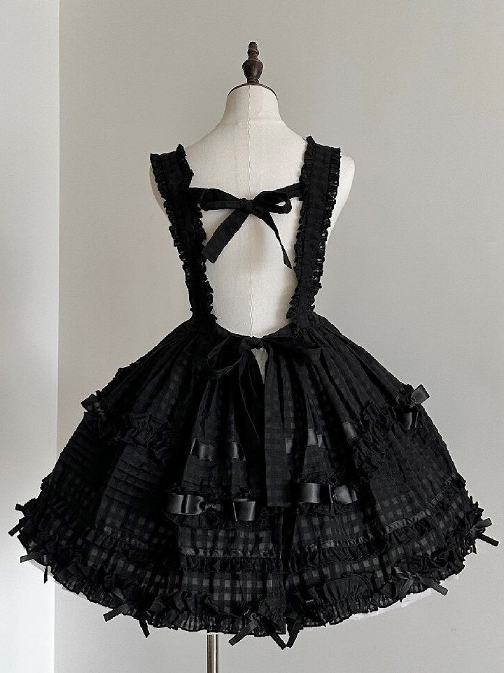 Dark Checkered Multi-Tier Bow Lolita Jumperdress