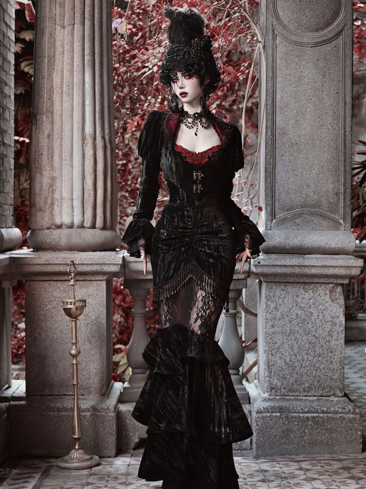 ハロウィンゴシックブラックベルベットクロップドヴァンパイアジャケット