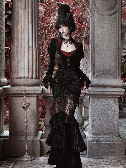 ハロウィンゴシックブラックベルベットクロップドヴァンパイアジャケット