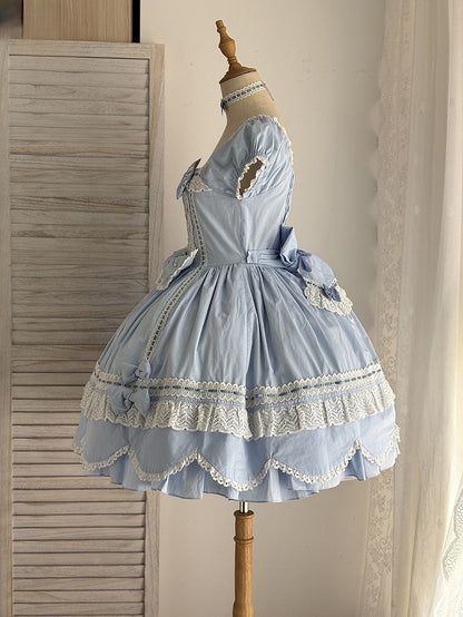 und kurzes Stück blau One Neckline Puff Old Lolita School Ärmel Baumwollkleid Square