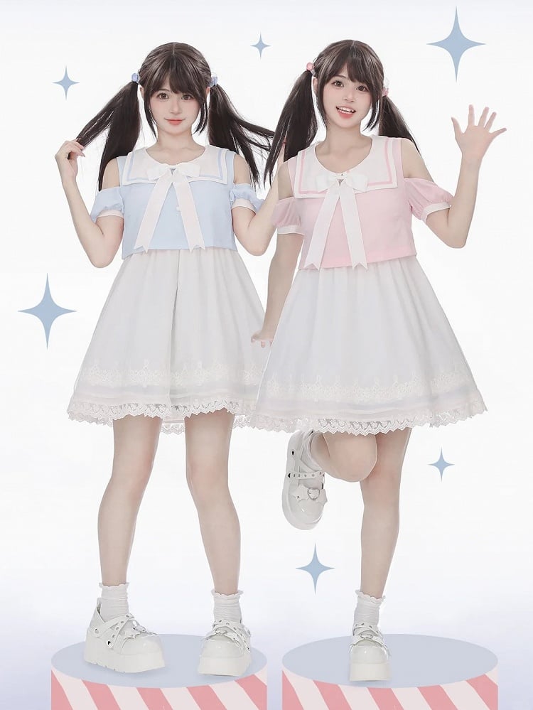 首輪 ピンク/ブルー ウサギの耳としっぽのディテール セーラーシフォンバック