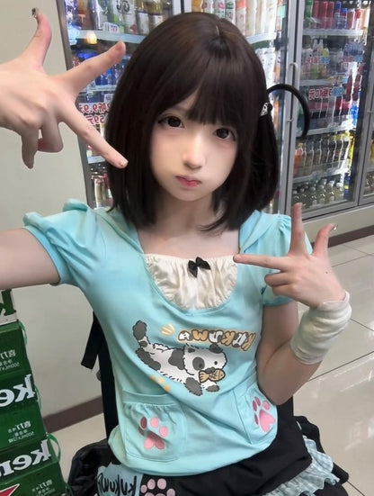 Two-piece with Hoodie Pocket Kawaii Design T-shirt Daily Blue Cat-ear Hood Details