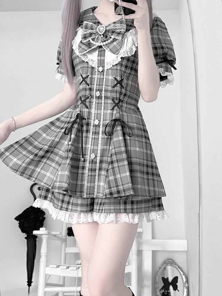 グレーケイチェックウエストラインストーンジライミニドレス+ショーツ装飾セットレースアップディテール
