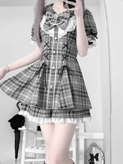 グレーケイチェックウエストラインストーンジライミニドレス+ショーツ装飾セットレースアップディテール
