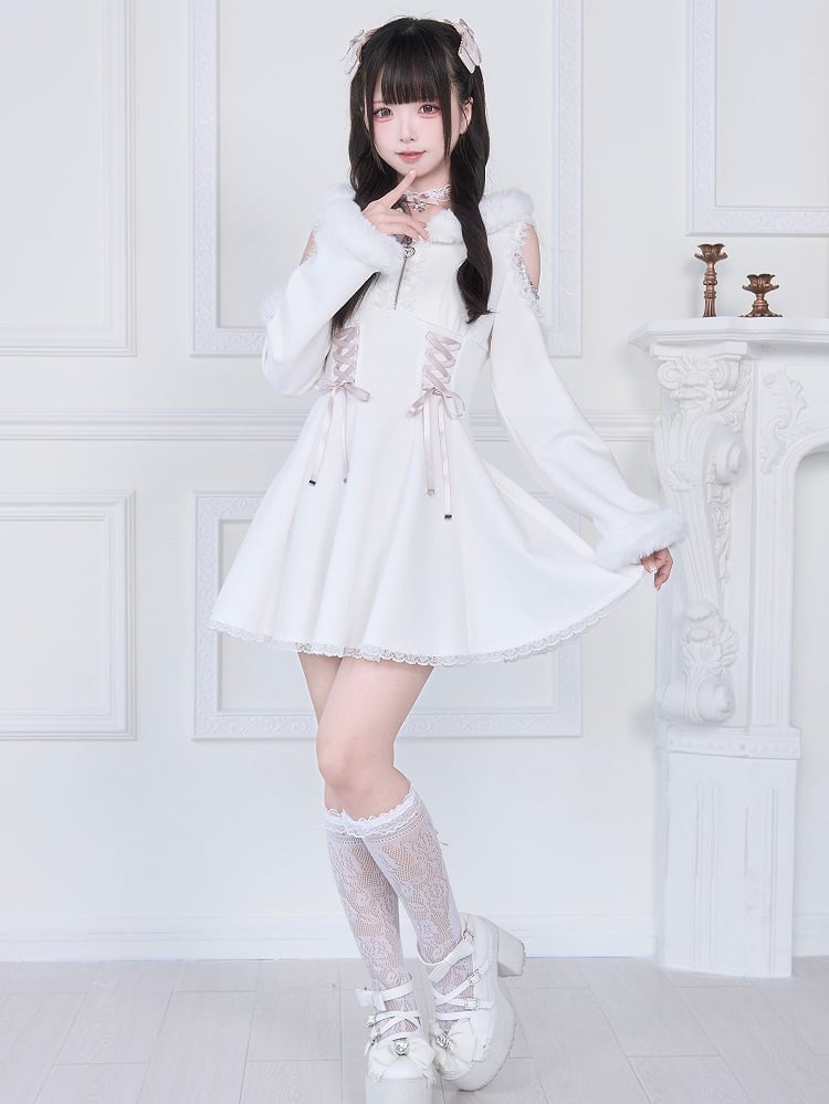Pure Shoulder Jirai Hoodie with Beaded Chains Trim Plush Cutout Kei White Dress: