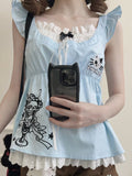 Daily Blue Two-piece with Kawaii Trim Sleeves T-shirt Lace Flutter