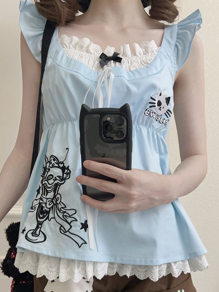 Daily Blue Two-piece with Kawaii Trim Sleeves T-shirt Lace Flutter