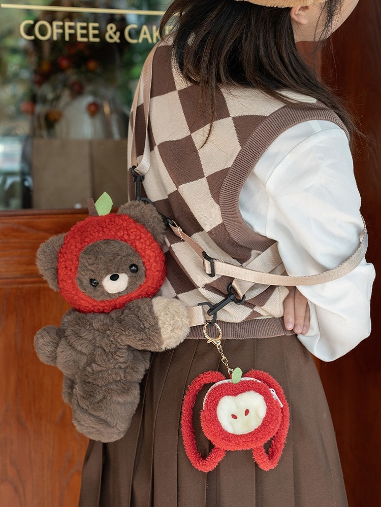 Brown Size Hat Red Bag Apple Bear Plush Backpack Backpack/Crossbody + Middle/Large Keychian