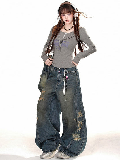 Löcher Distressed Blau Weites Bein Jeans Cut Denim