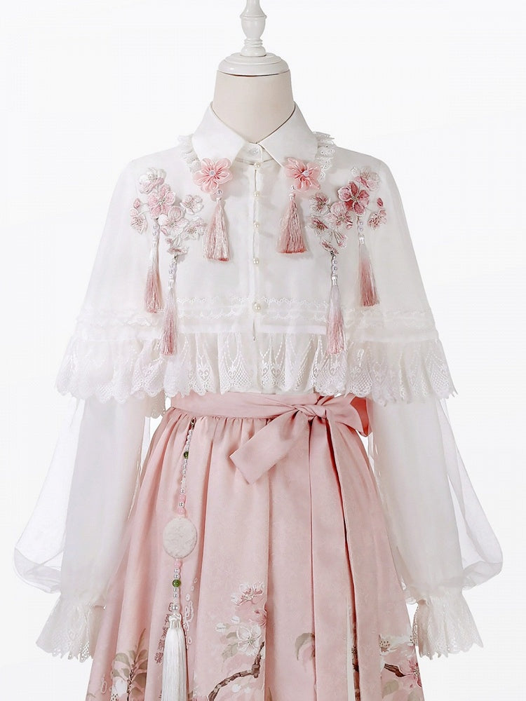Pink Embroidered Floral Lace-Edged Hanfu-Style Lolita Cape in White - Han Ru Chu Hanfu &amp; Han-Element Studi