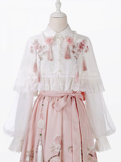 Pink Embroidered Floral Lace-Edged Hanfu-Style Lolita Cape in White - Han Ru Chu Hanfu &amp; Han-Element Studi