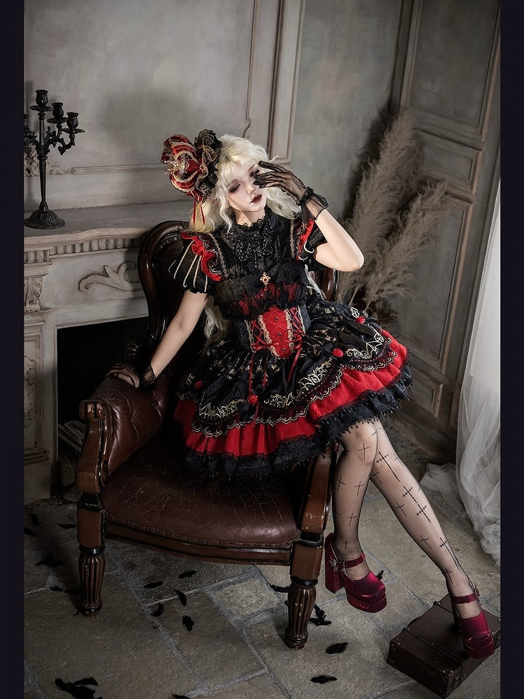 Gothic Lolita JSK Dress with Bat Pattern and Floral Embroidery in Black and Red - Dream Magic Box