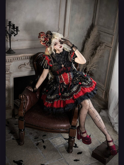 Gothic Lolita JSK Dress with Bat Pattern and Floral Embroidery in Black and Red - Dream Magic Box