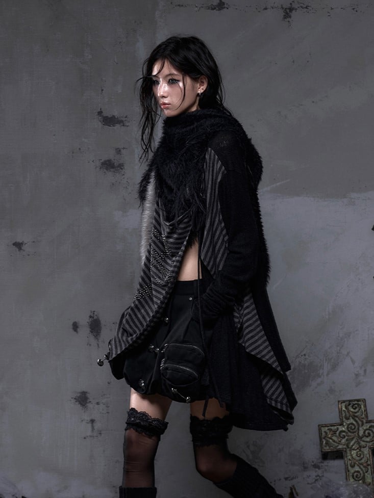 Triangle Scarf Black Vintage Y2K with Mink Faux Punk Long Fringe