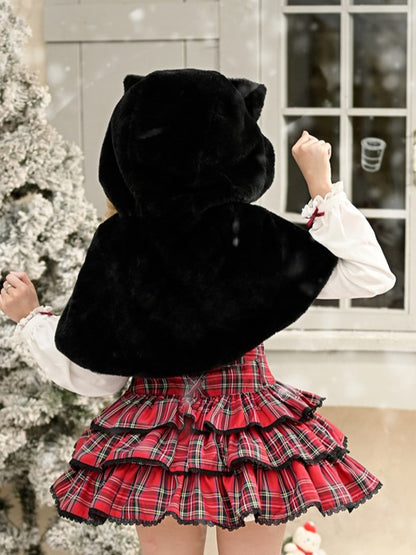 Black Furry Cat-Ear Hooded Cape with Bow Tie Closure