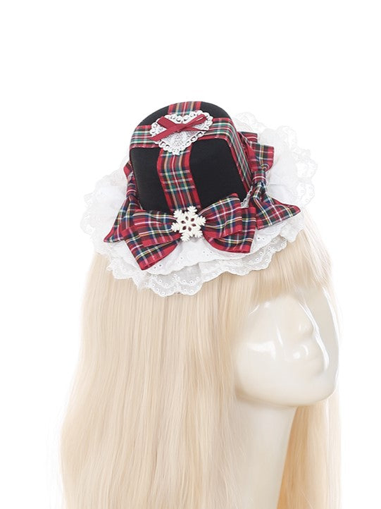 Christmas Red Plaid Lolita Top Hat with Lace Trim and Bow Accent