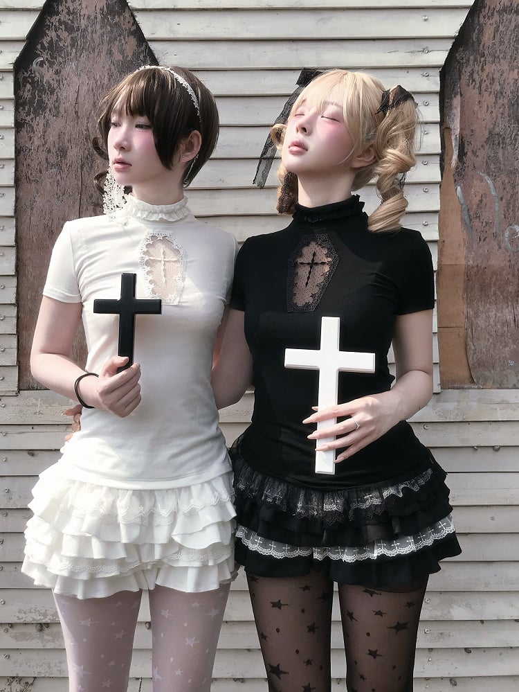 Tiered Cross Skort Gothic Black/White Elastic Waist Lace Trim Bloomers
