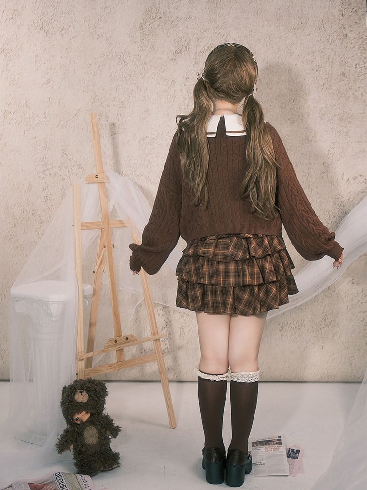 Detachable Preppy with Plaid Dress Plus Roses Brown Size Sailor Tiered Collar