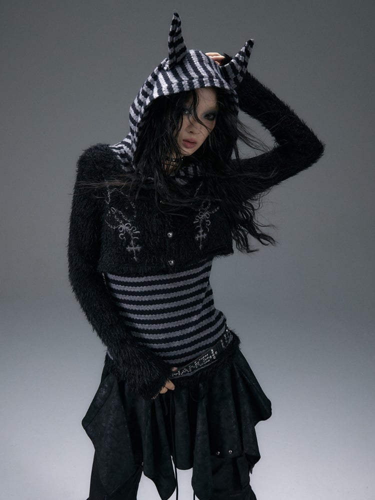 Layered-Look Black and Gray Striped Top with Doberman Ear