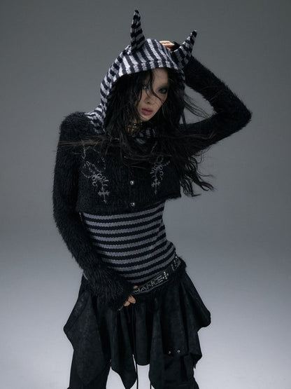 Fake Zweiteiler Schwarz-Grau gestreiftes Top mit Dobermannohr