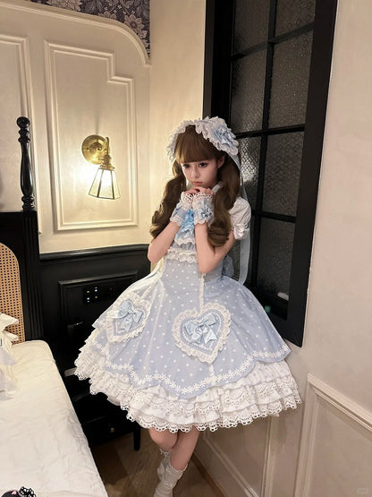 Motifs Blue and White Sweet Heart Dress Bows Lace-Trimmed Lolita with