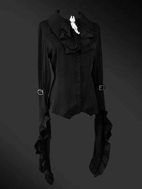 Black Pointed Shirt Flat Lolita Gothic Collar Long Available Sizes Plus Sleeves Layered