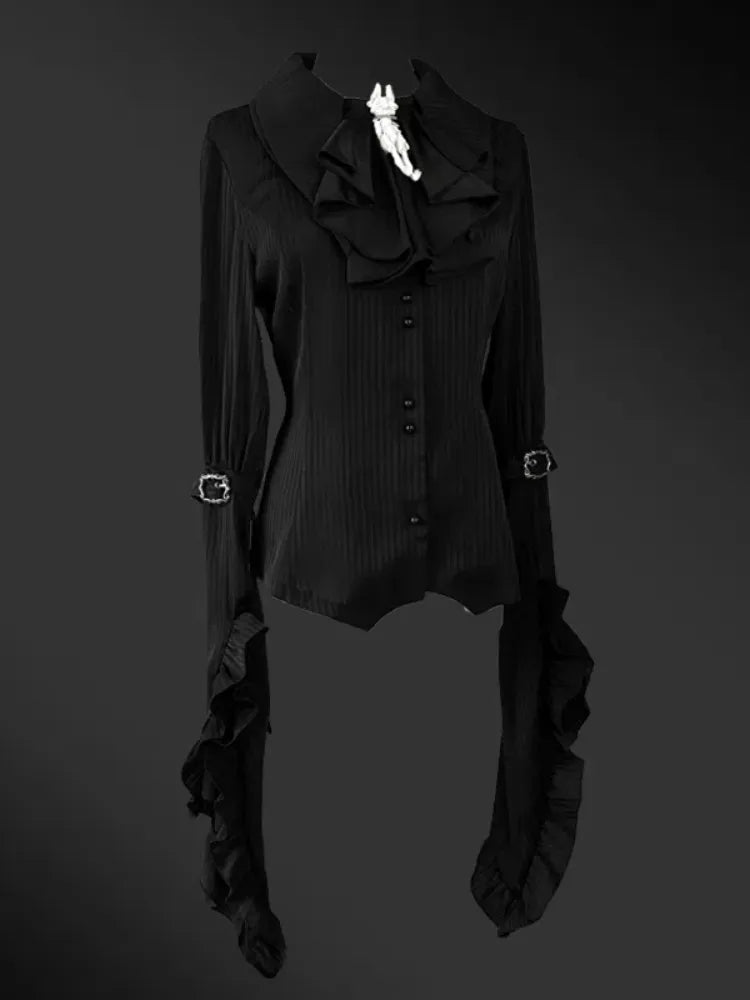 シャツ ロリータ プラス レイヤードスリーブ ゴシック サイズ展開 尖った 黒 フラットカラー ロング