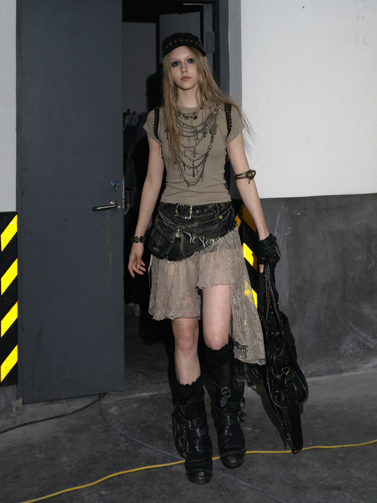 Punk Hem Lace with Denim Asymmetric Distressed Adjustable Back Belt Skirt
