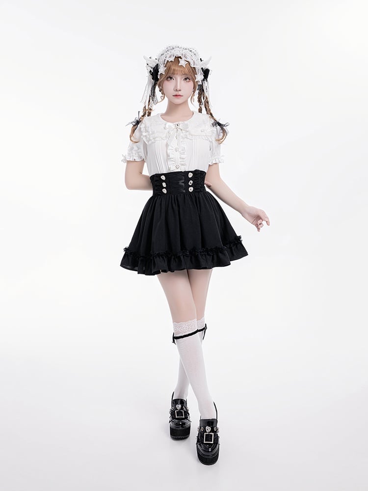 Detail Corset Hem High-Waist Kei Black with Skirt Jirai Ruffle