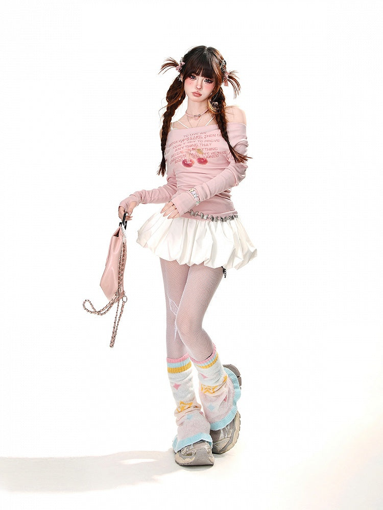 Pink Off-the-shoulder Neckline Thumbhole Cuffs Cherry Print Glamorous Top