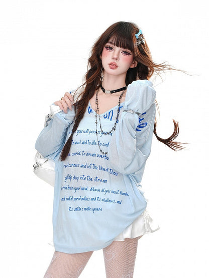 Schwarz/Weiß/Blau Halbtransparenter lockerer Hoodie mit V-Ausschnitt und Buchstaben