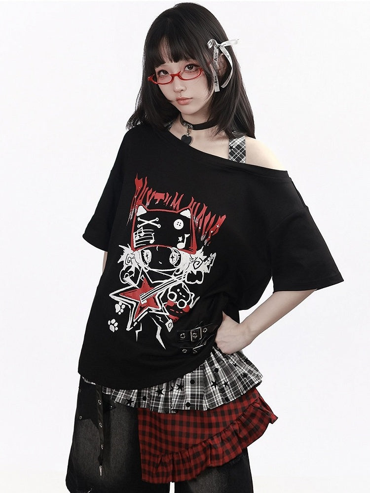Black Asymmetrical Shoulder T-Shirt with Cartoon Print & Plaid Tie - PINK SAVIOR