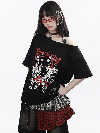 Black Asymmetrical Shoulder T-Shirt with Cartoon Print & Plaid Tie - PINK SAVIOR