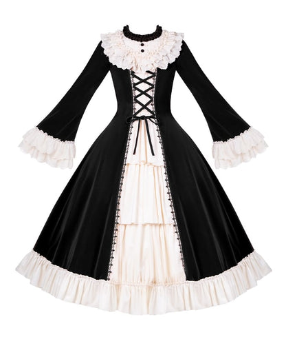 Eyelet Lolita Neckline Trims Ruffle Velvet Scalloped Black Beige Winter Dress with