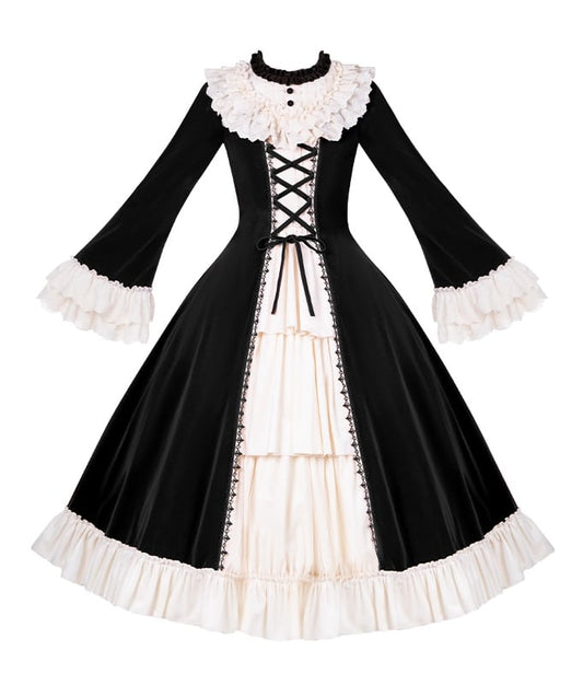 Eyelet Lolita Neckline Trims Ruffle Velvet Scalloped Black Beige Winter Dress with