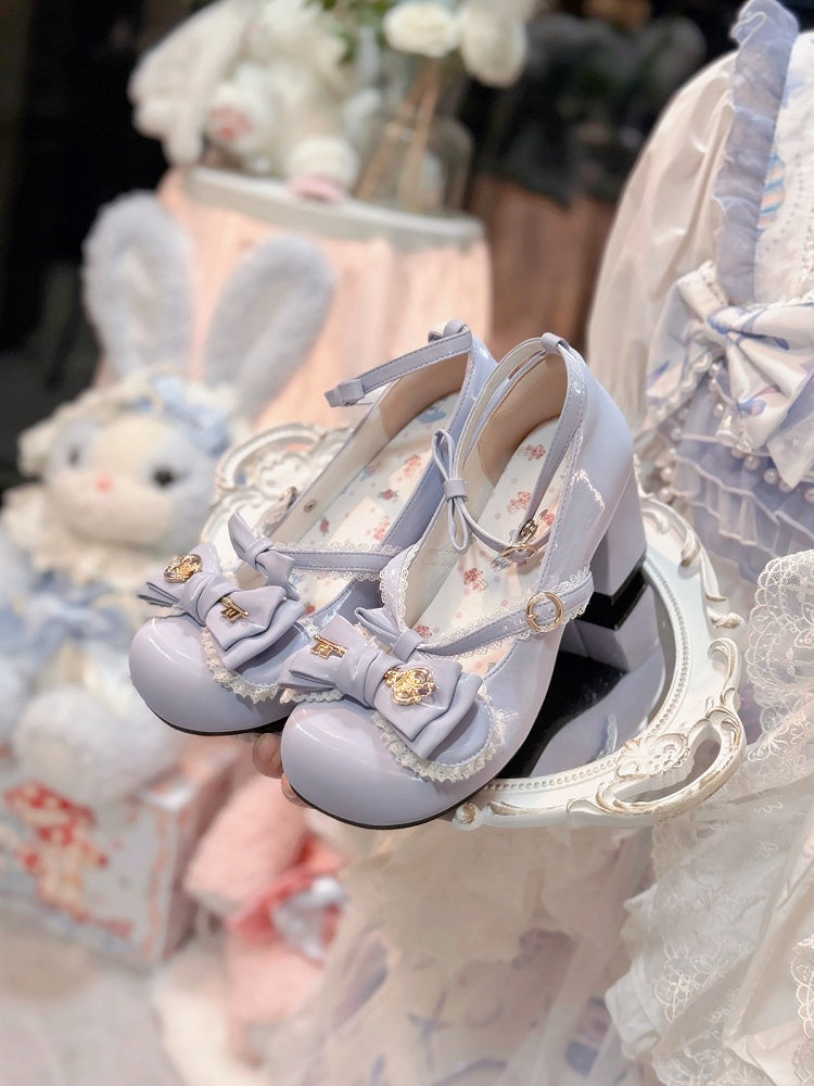 5 Colors Silk Shimmer Lolita Shoes 5cm Heel with Lace Trim Bow and Gold Key Details - Guligul