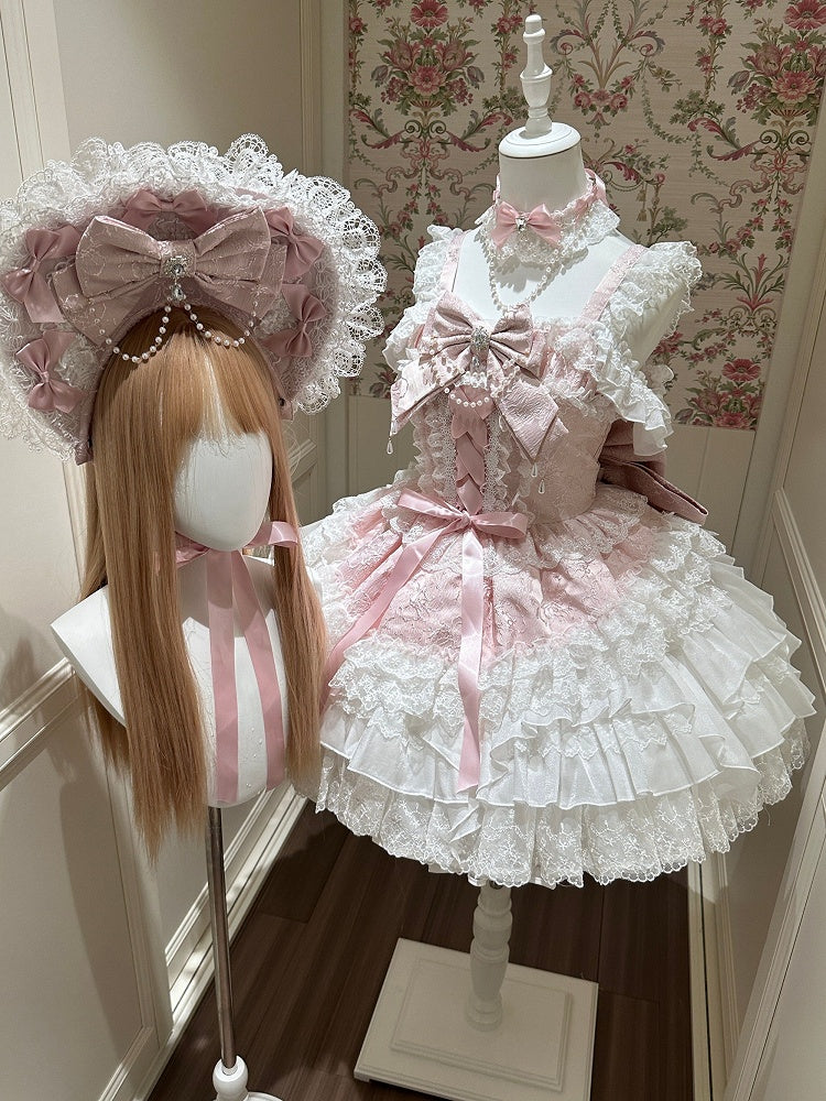 Pink Ballet Style Lace Ruffle Lolita JSK Dress with Bead Chain Bow and Back Bow Set - White Sugar Girl