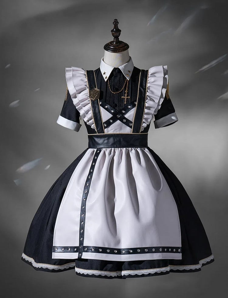Kleid kurz Militär voller Lolita Flatterärmel und Dienstmädchen Schürze Set schwarz