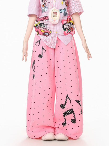 Pink Polka-Dot Wide-Leg Pants with Music Notes - Languid Park