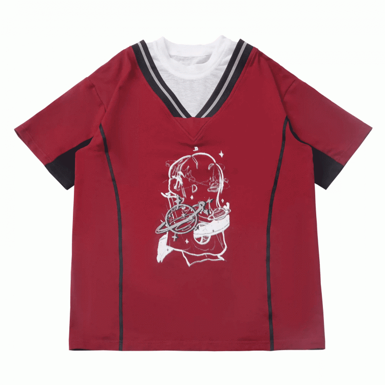 Two-pieces Neck Blue/Red Round Faux Light Graphic T-Shirt