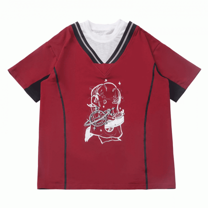 Two-pieces Neck Blue/Red Round Faux Light Graphic T-Shirt