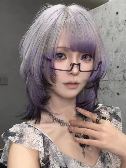 Wig Dusty Short Ombre Purple Bangs Straight with