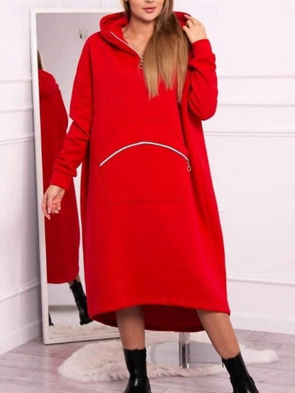 FashionChic Women's Hooded Midi Dress | Casual Polyester Dress with Pockets & Zipper (S-5XL)