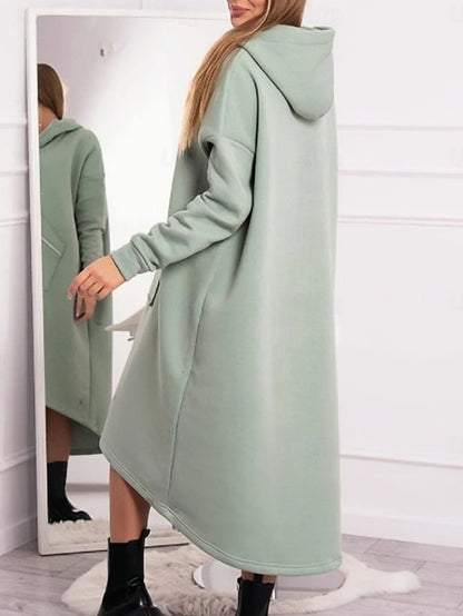FashionChic Women's Hooded Midi Dress | Casual Polyester Dress with Pockets & Zipper (S-5XL)