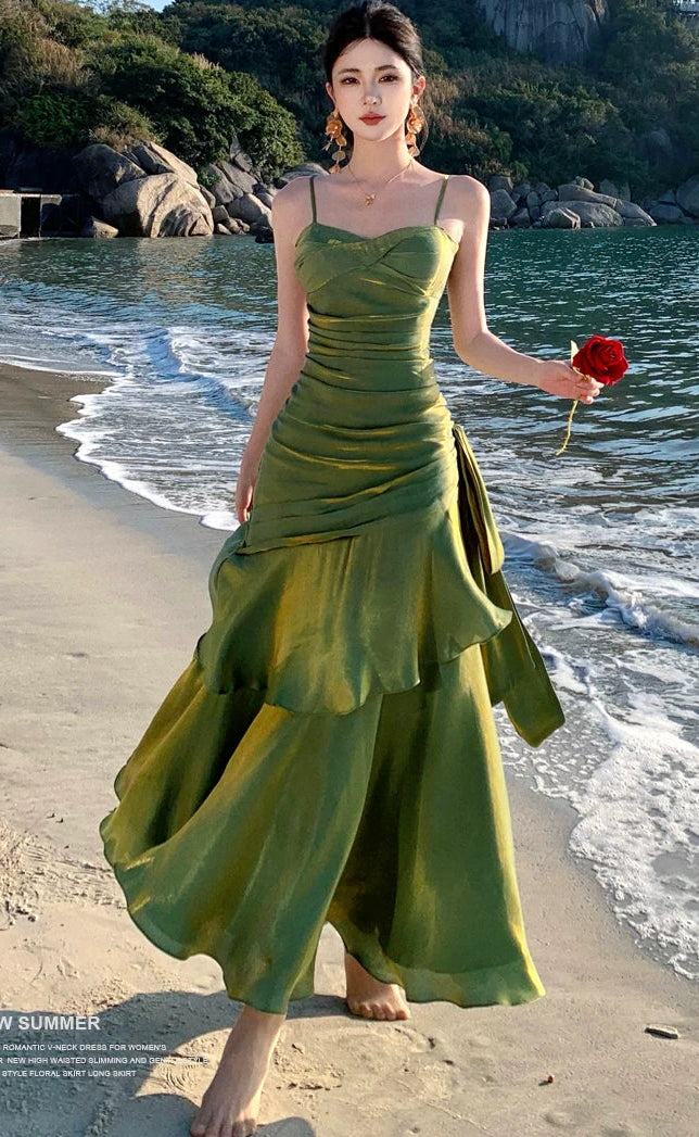 green mermaid dress gown beauty on the beach
